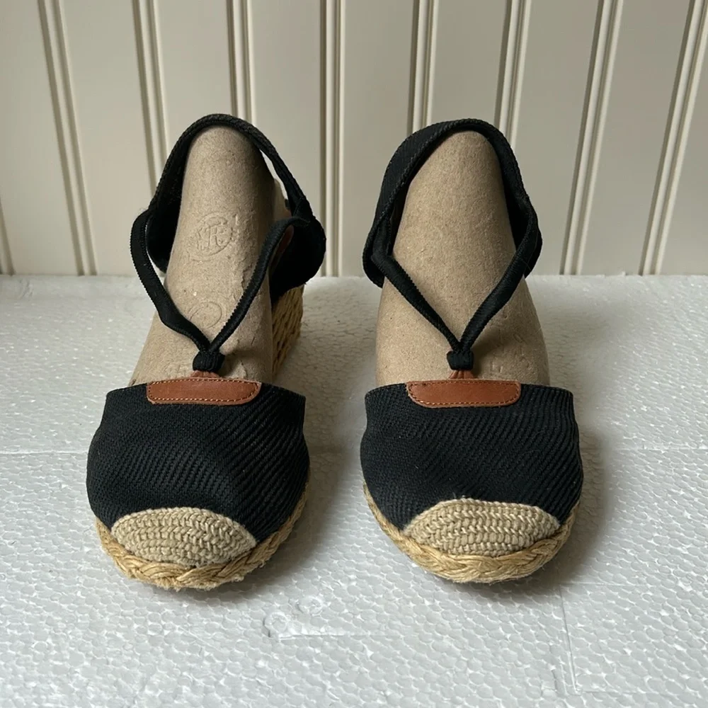 Lauren Ralph Lauren womens wedge 2.5” woven straw heel espadrilles size 8 black